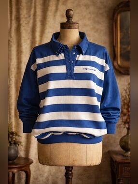 Vintage Lady Foot Locker Rugby Shirt Blue White Stripe Snap Placket Size L